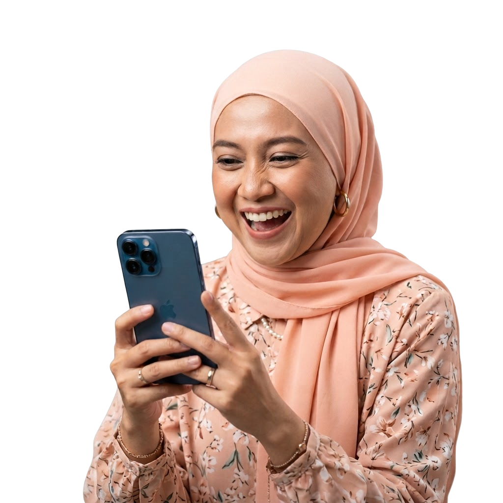 Perempuan tersenyum melihat ponsel